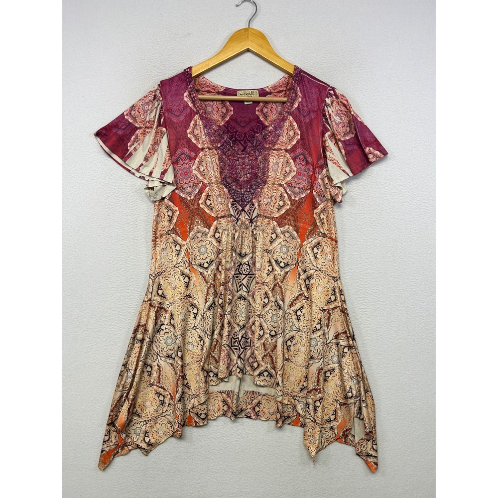 Boho Gypsy Art One World Womens Large Multicolor Beaded Sharkbite Hem Tunic Top